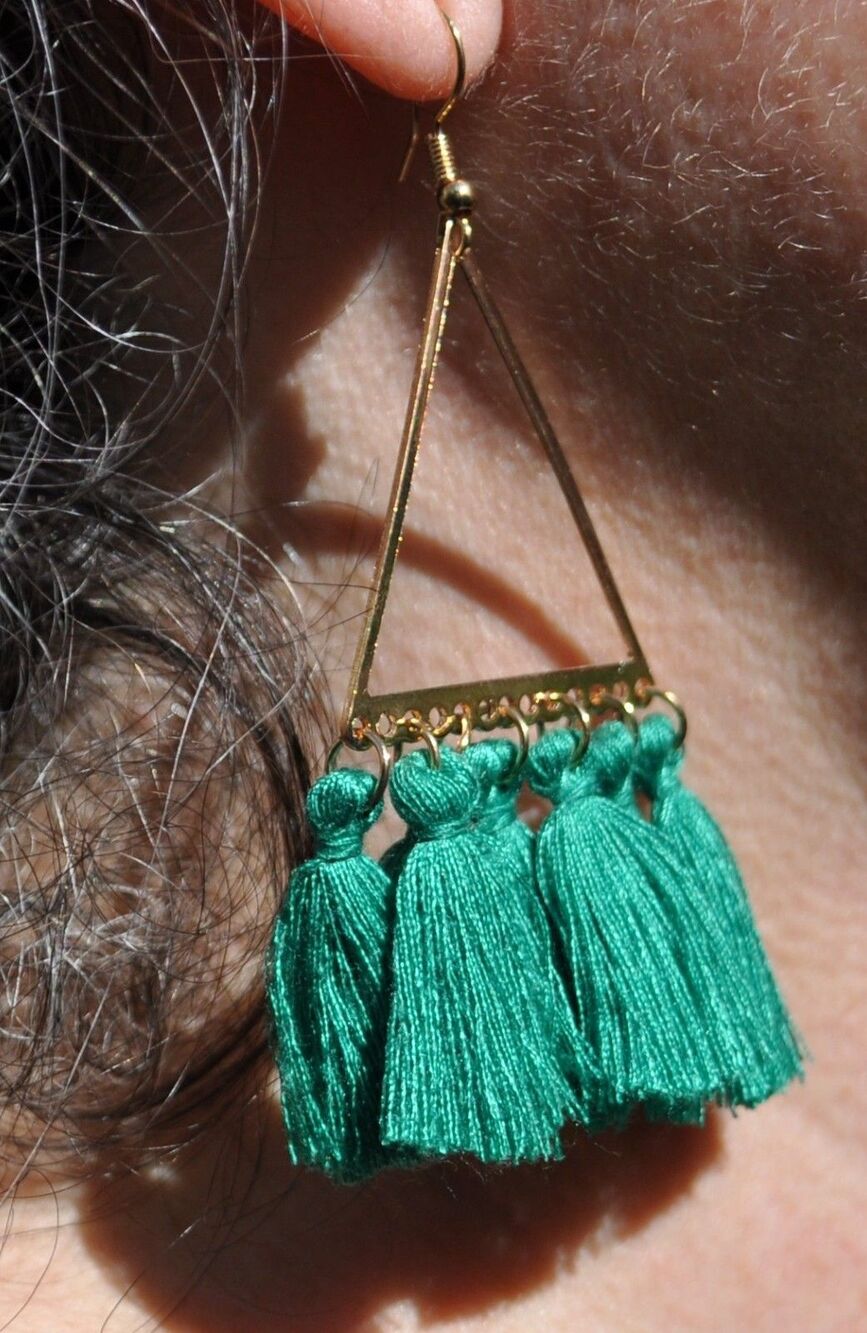 Triangle Gold-tone Hoop Boho Gypsy earrings with green tassel fringe